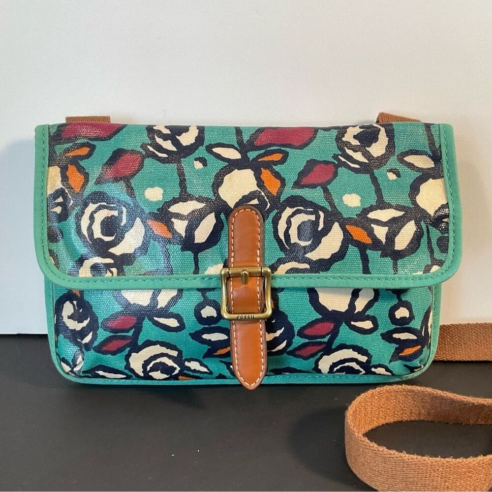 Fossil Keyper Crossbody Bag Teal Floral PVC Coated Canvas Mini Slim